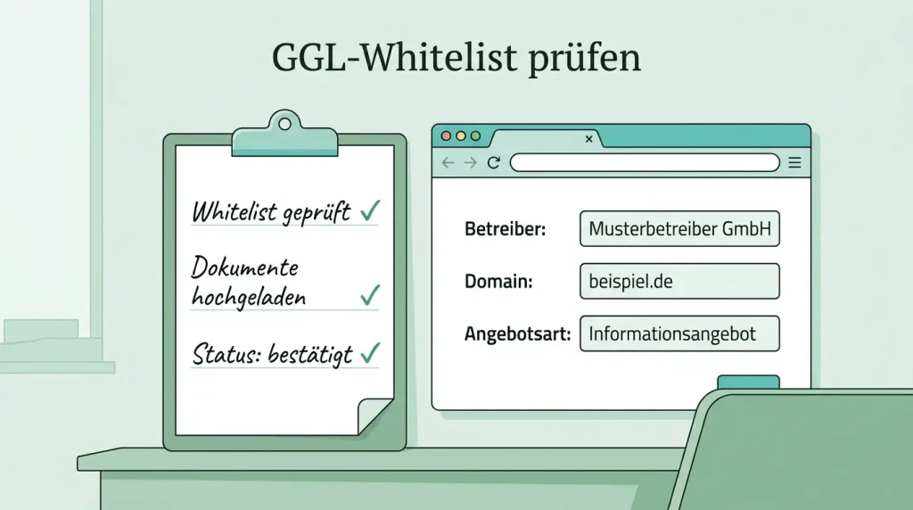 Geordnete Prüfliste mit Website-Adresse, Anbietername und Angebotsart