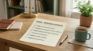 Ruhige Schreibtischszene mit Notizen zu OASIS, Prüfung und Spielerschutz