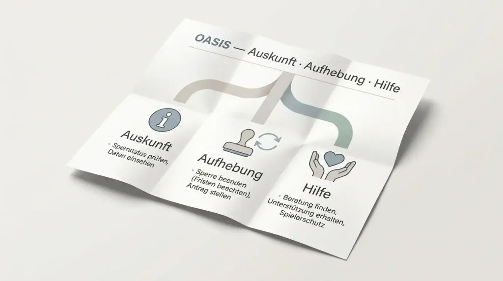 Ruhige Entscheidungskarte mit Wegen zu Auskunft, Aufhebung und Hilfe"