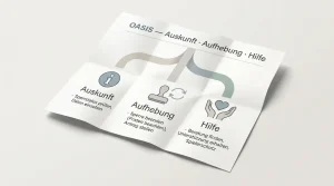 Ruhige Entscheidungskarte mit Wegen zu Auskunft, Aufhebung und Hilfe"