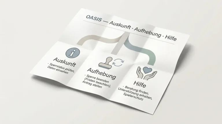 Ruhige Entscheidungskarte mit Wegen zu Auskunft, Aufhebung und Hilfe"