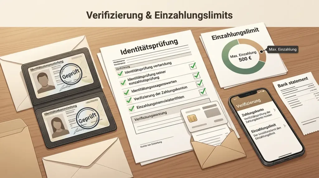 Geordnete Übersicht zu Spielkonto, Verifizierung, Zahlung und Limitprüfung