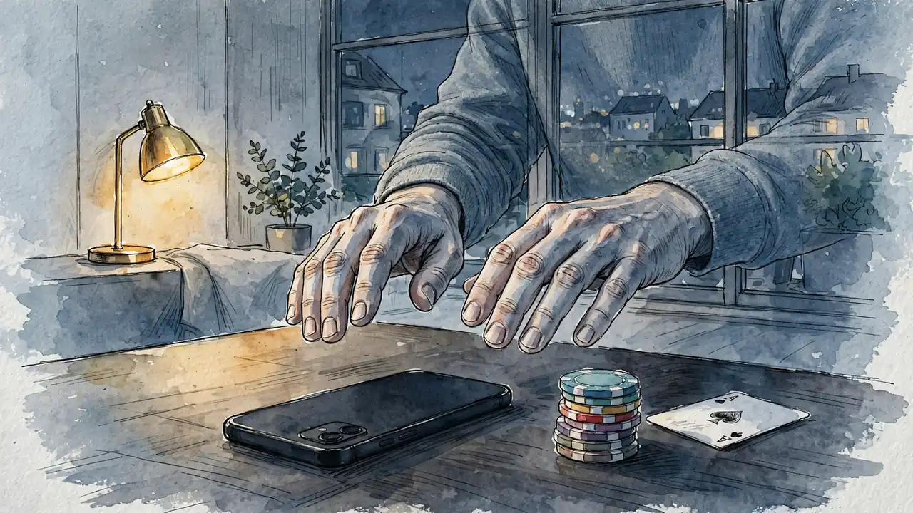 Hände über einem Smartphone mit Casino-Chips auf einem Tisch in modernem deutschen Apartment bei Nacht