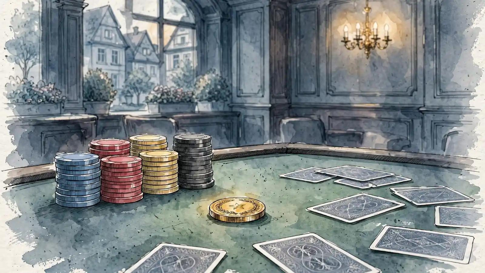 Casino-Tisch mit gestapelten Spielchips, verdeckten Karten und einem goldenen Bonus-Token
