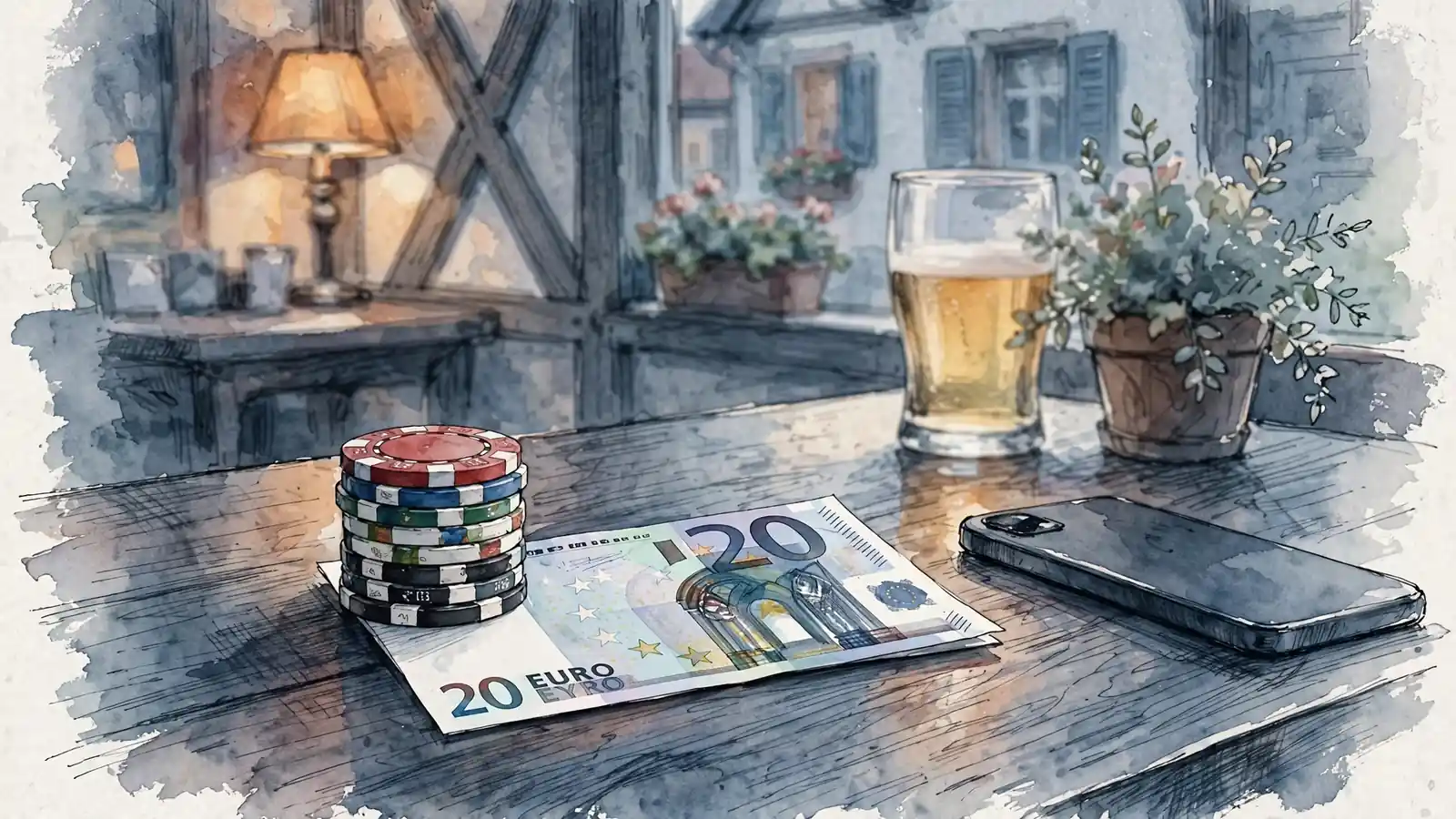 Bunter Stapel Casino-Chips neben einem 20-Euro-Schein auf einem Holztisch