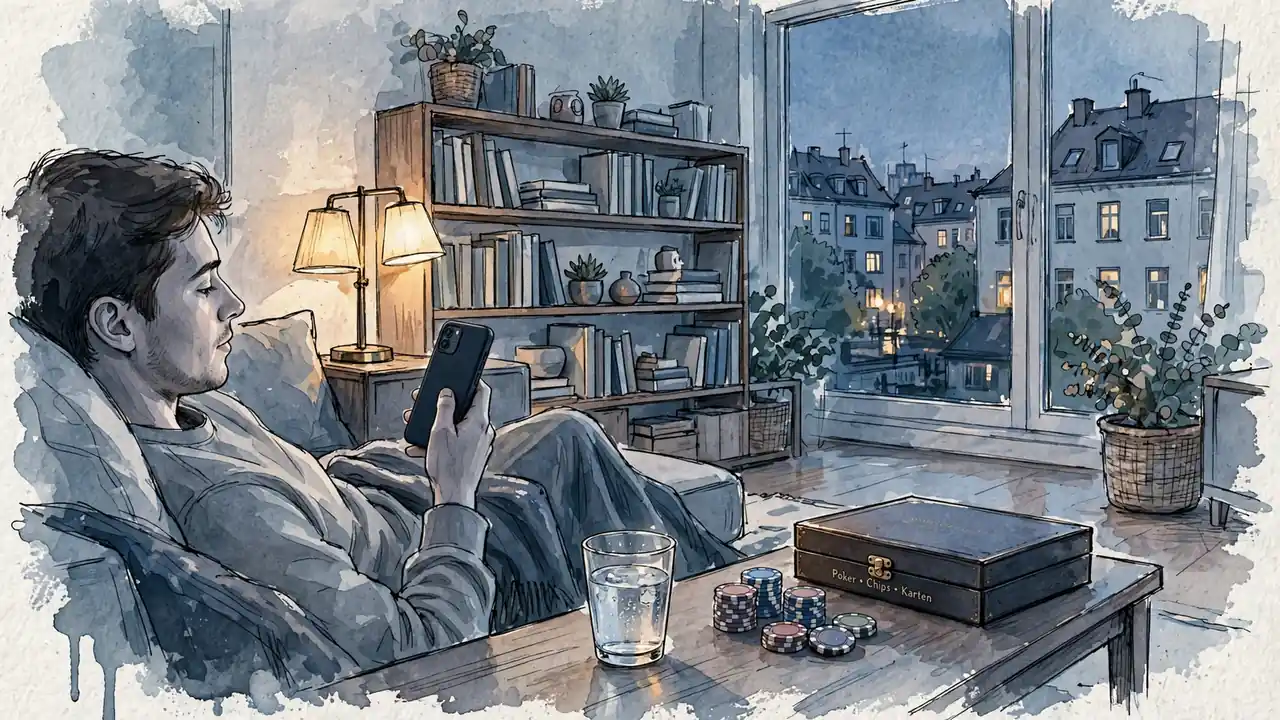 Junge Person mit Smartphone in modernem deutschen Wohnzimmer am Abend
