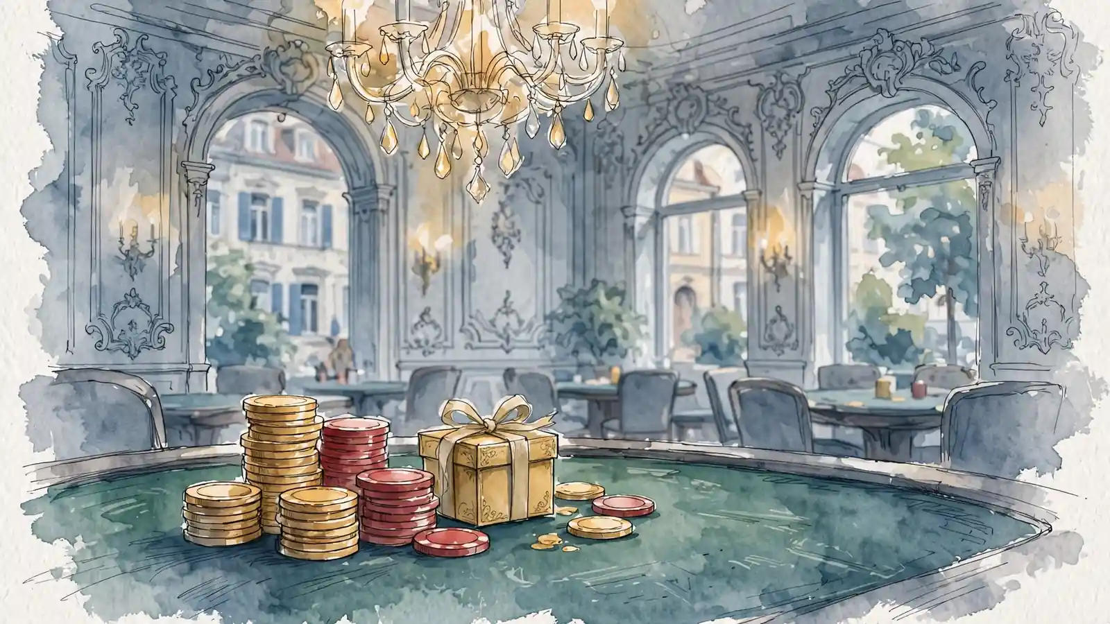 Eleganter Casinotisch mit Spielchips und goldenem Geschenkkarton unter warmem Kronleuchterlicht.
