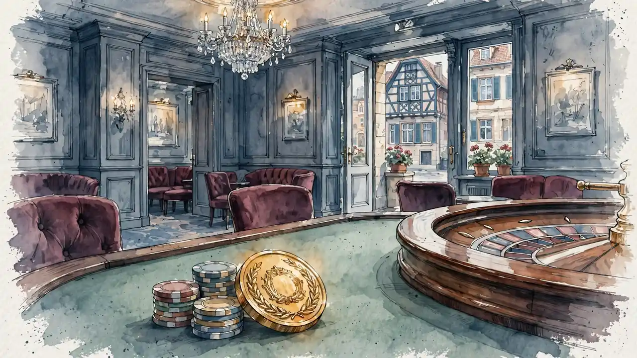 Grüner Spieltisch mit gestapelten Chips und goldenem Bonus-Token in elegantem Casino-Saal