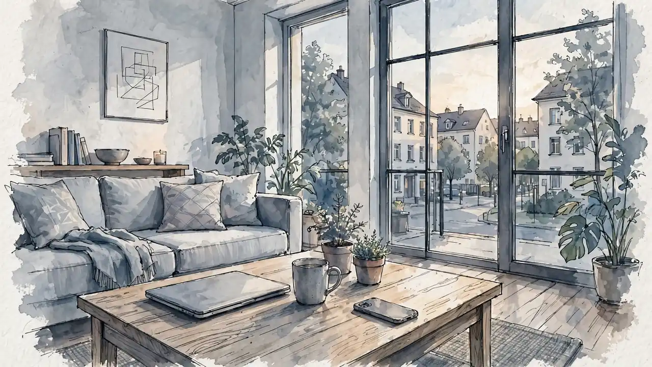Modernes deutsches Wohnzimmer mit Laptop und Smartphone auf dem Couchtisch bei warmem Nachmittagslicht.