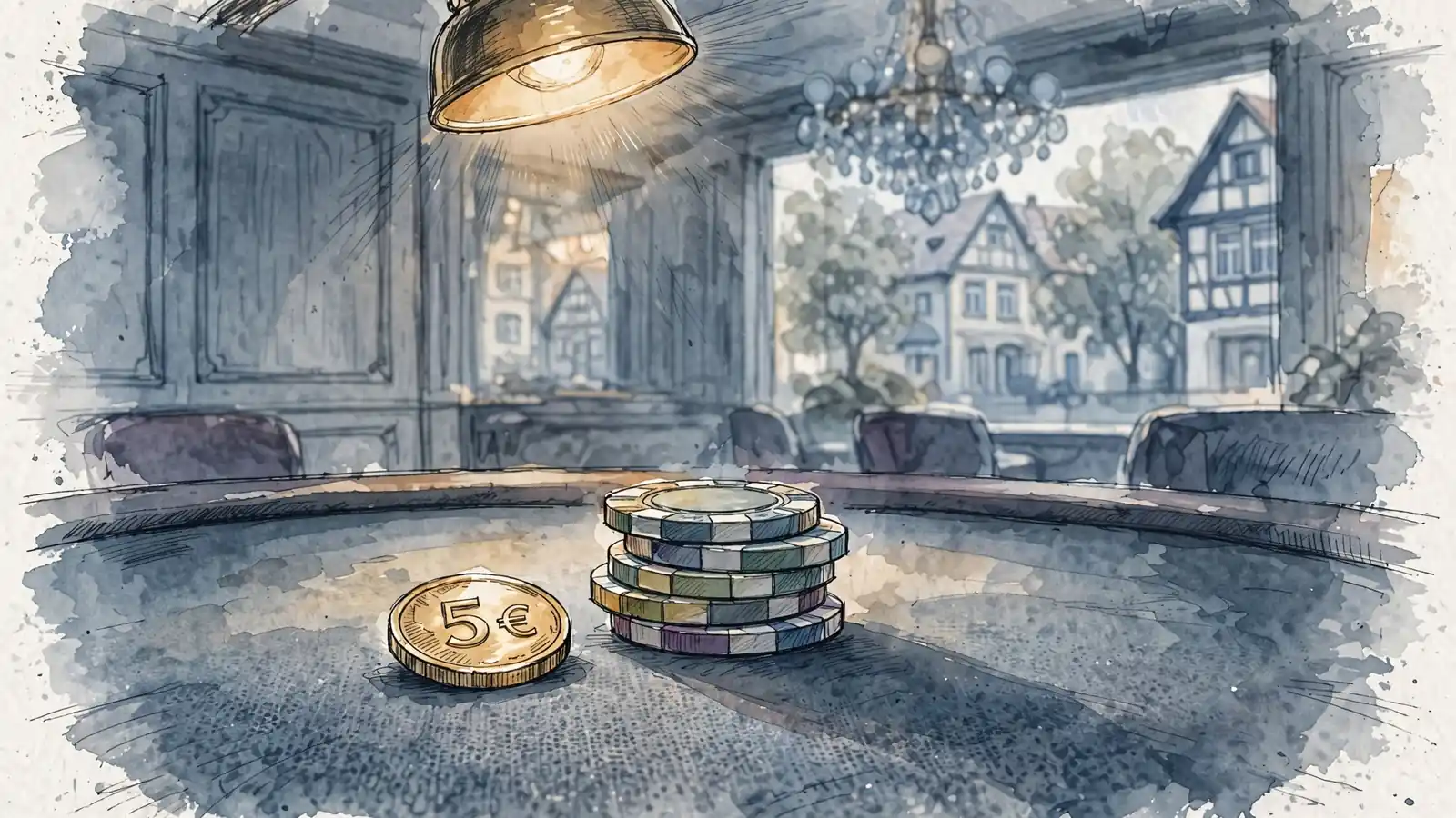 Fünf-Euro-Münze auf Spielchips mit Casino-Tisch im Hintergrund