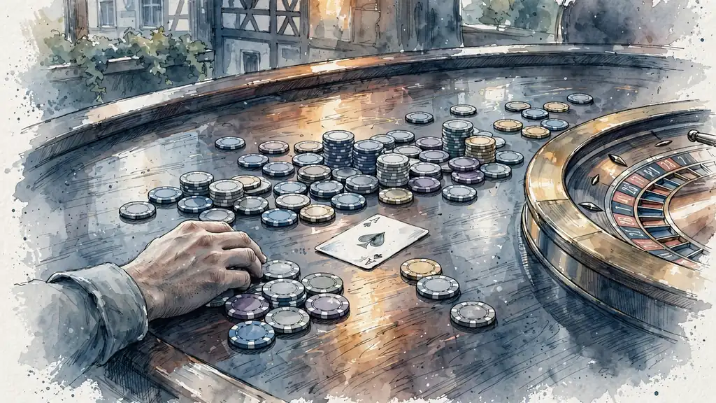 Casino-Tisch mit Chips, Spielkarte und Roulette-Rad