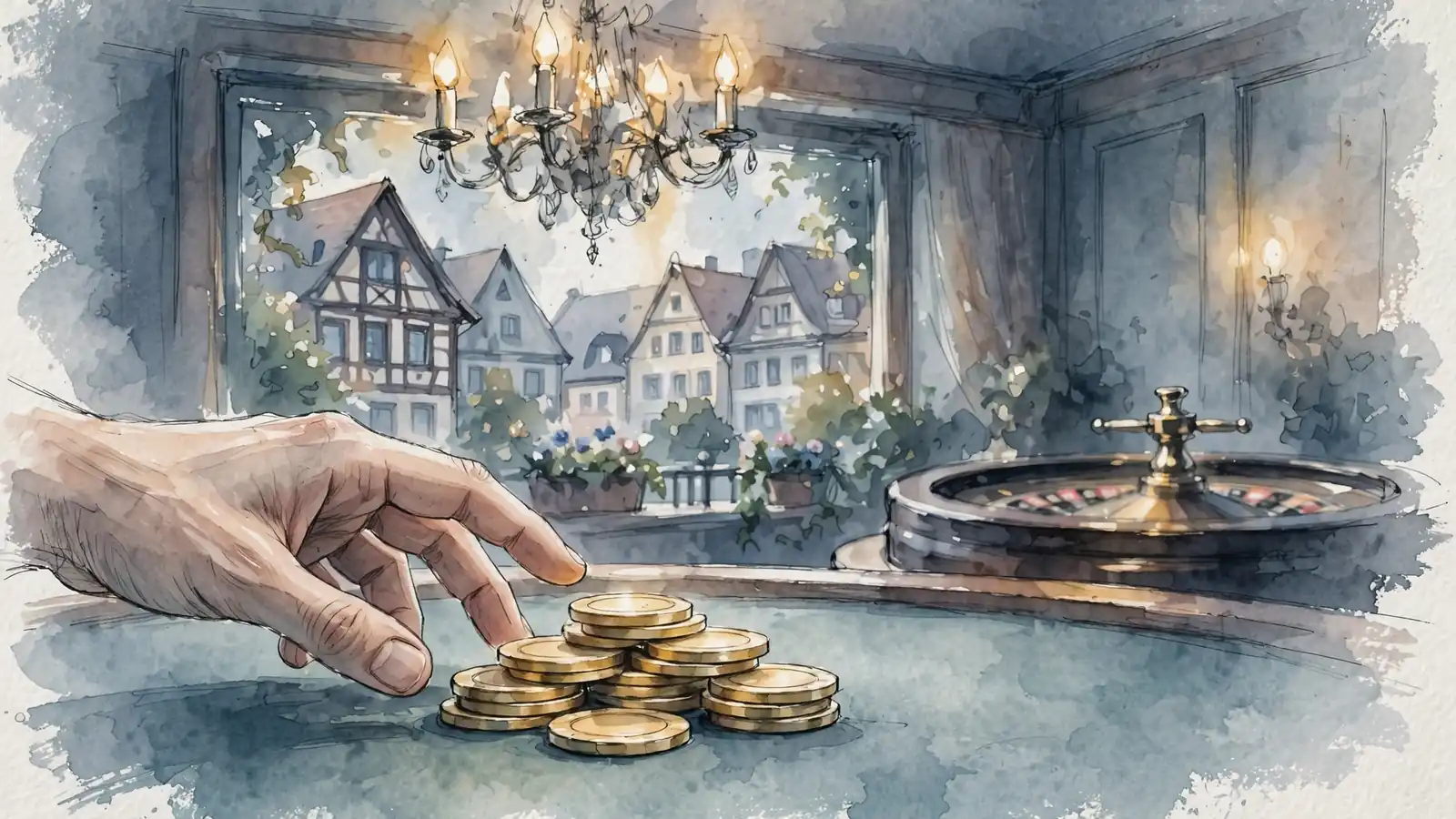 Goldene Casino-Chips auf grünem Filztisch vor unscharfem Roulette-Rad.