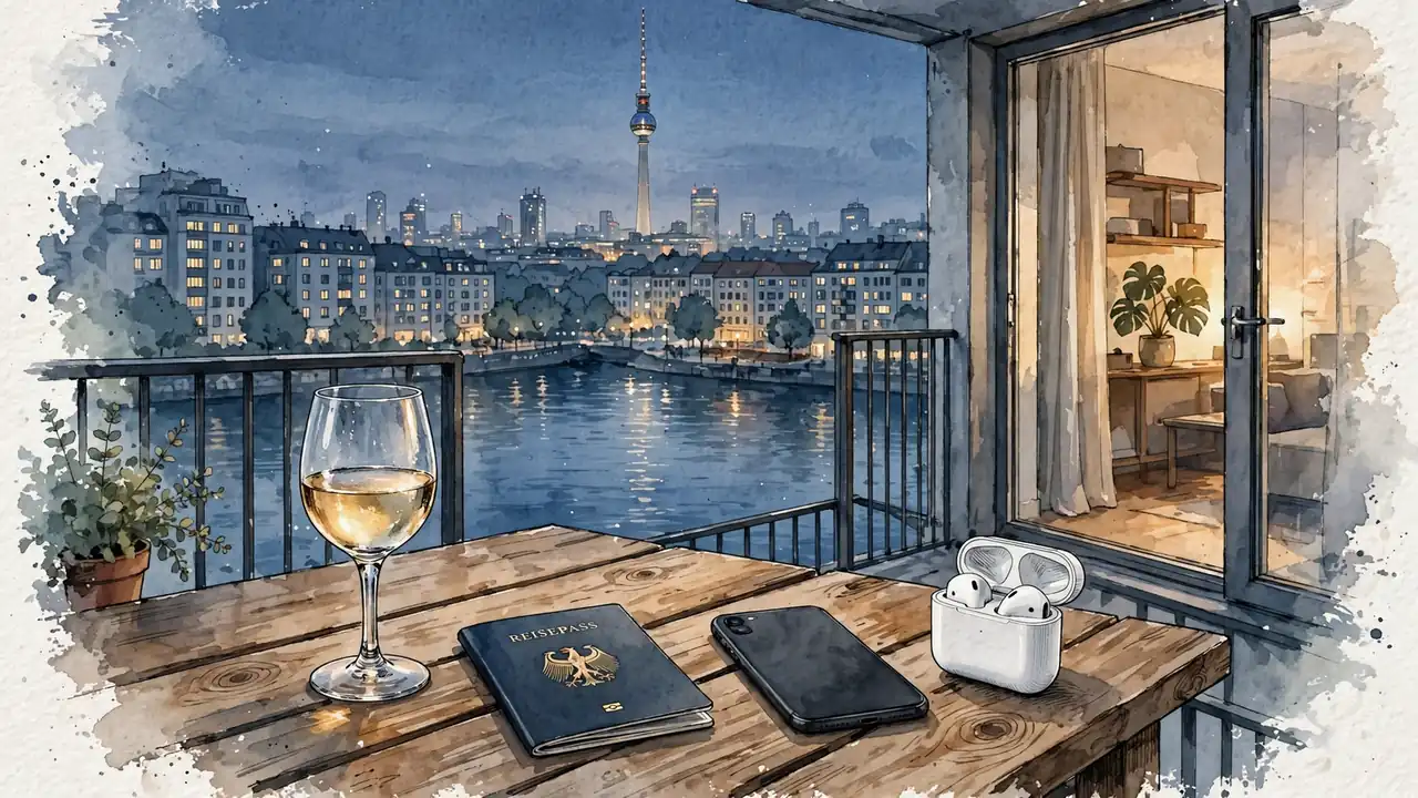 Blick vom Balkon einer Berliner Wohnung auf den Fernsehturm bei Dämmerung