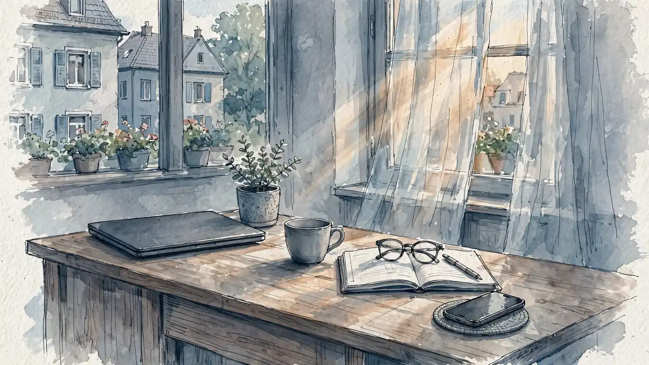 Holzschreibtisch mit geschlossenem Laptop, Notizbuch und Kaffeetasse am Fenster.