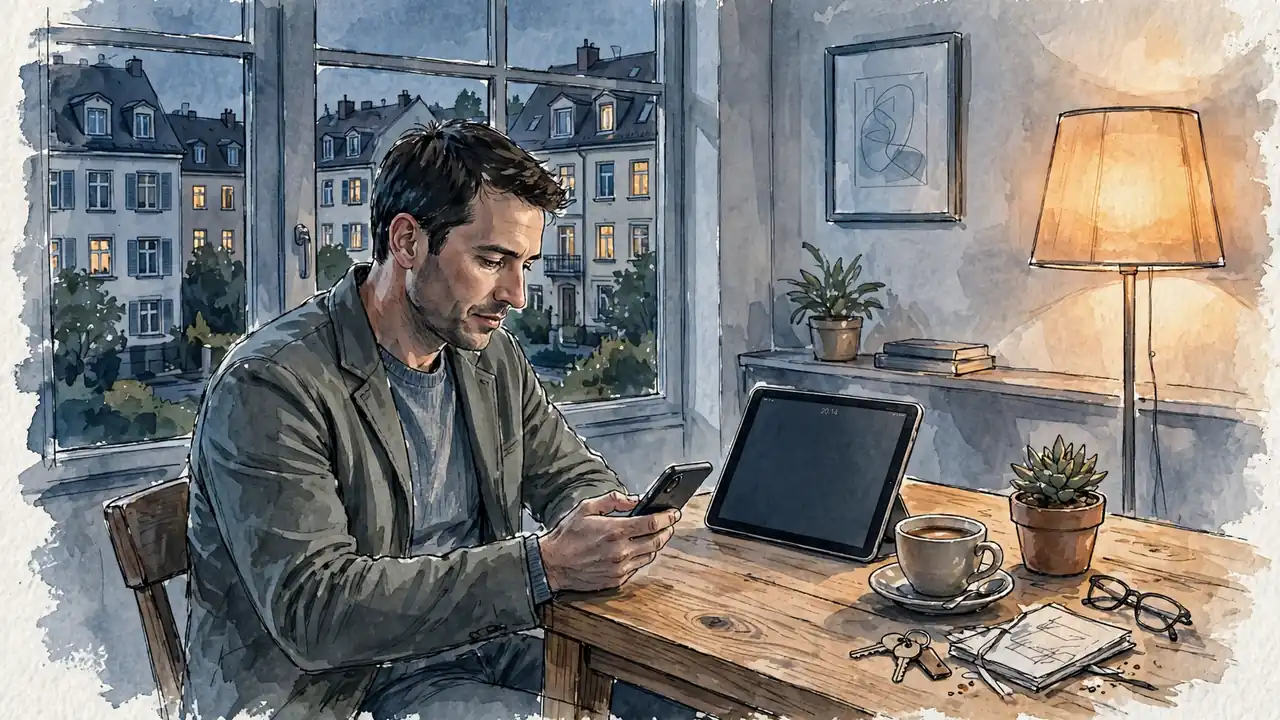 Person mit Smartphone und Tablet auf Holztisch in moderner deutscher Wohnung am Abend.
