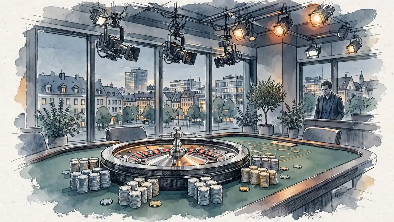 Elegantes Live-Dealer-Casino-Studio in Deutschland mit Roulette-Tisch, Chips und Studiokameras