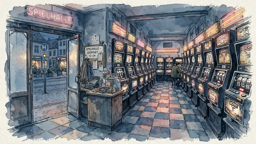 Abendstimmung in einer traditionellen deutschen Spielhalle mit beleuchteten Spielautomaten und warmer Neonbeleuchtung.