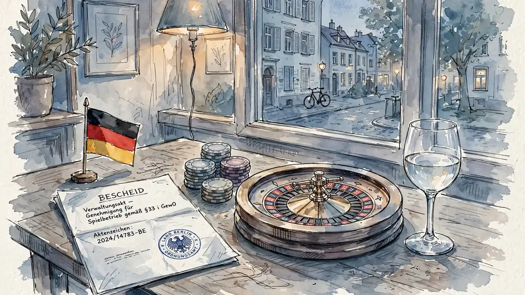 Roulette, Casino-Chips und ein deutsches Lizenzdokument auf einem Tisch