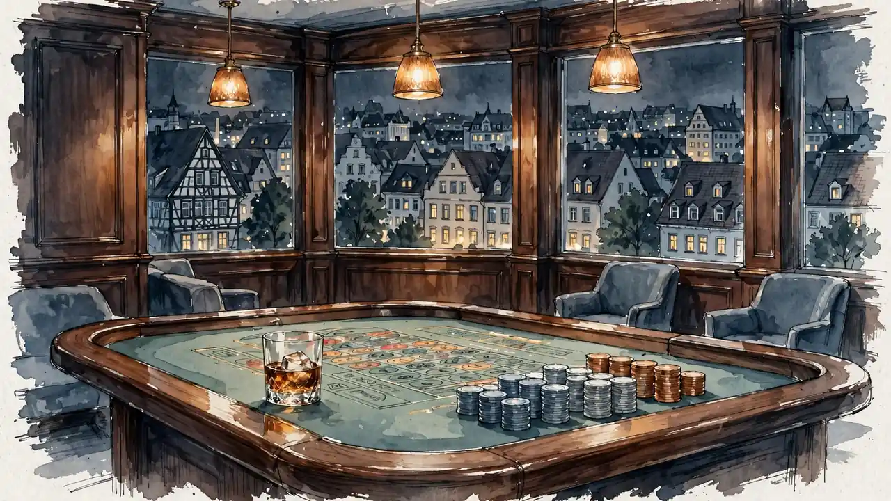 Elegantes Casino-Lounge-Interieur mit Roulette-Tisch und Chip-Stapeln bei Nacht.