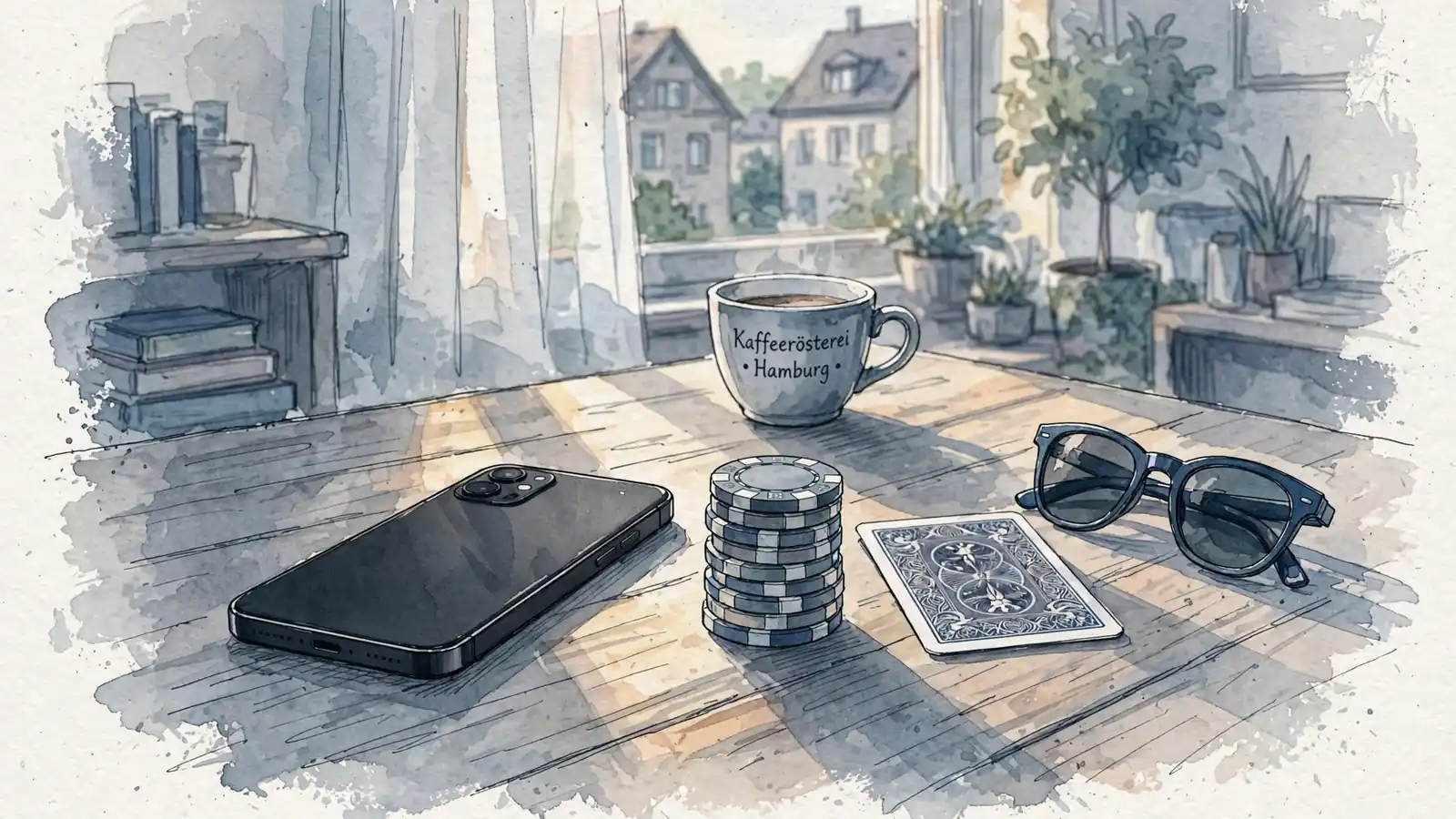 Smartphone mit Casino-Chips auf einem deutschen Wohnzimmertisch