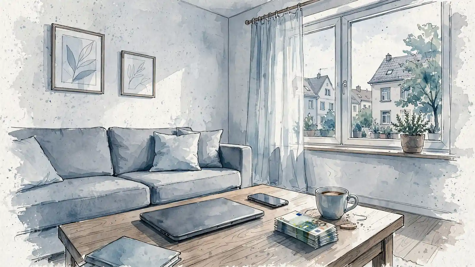 Modernes Wohnzimmer mit zugeklapptem Laptop und Smartphone auf dem Tisch