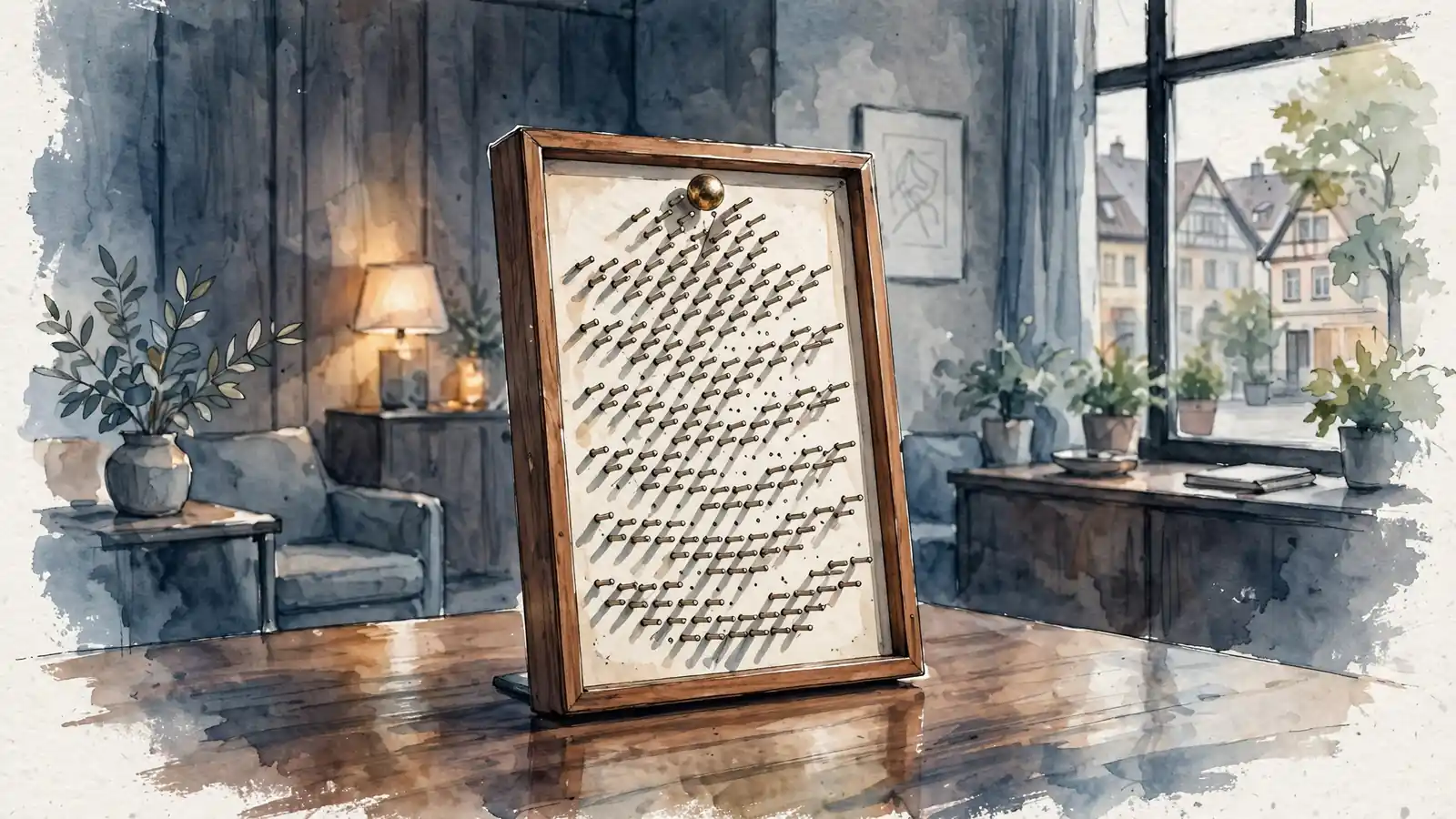 Klassisches Plinko-Brett mit Messingkugel in einem ruhigen, modernen Casino-Lounge in Deutschland.