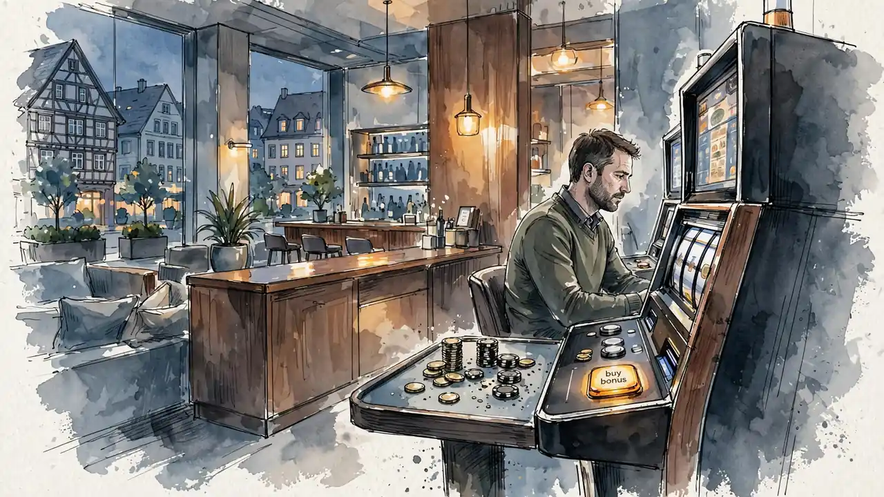 Abendliche Atmosphäre in einer modernen Spielhalle mit Spielautomaten und Bonus-Kauf-Funktion.