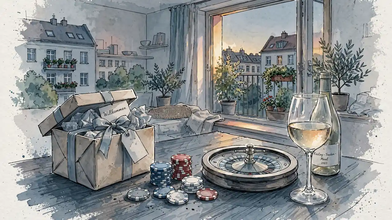 Willkommensbonus: Geschenkbox mit Casino-Chips und Roulette in Berliner Wohnung.