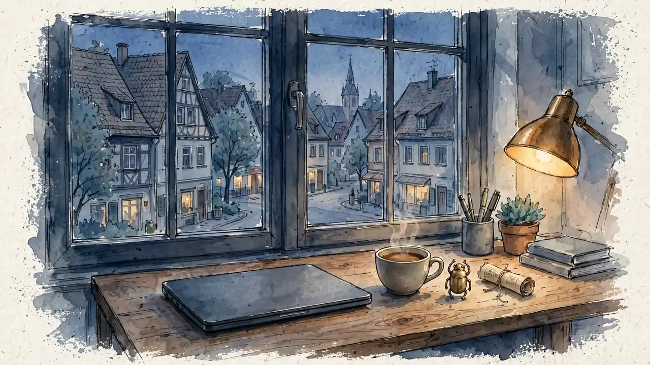 Abendlicher Schreibtisch in einer deutschen Wohnung mit ägyptischen Souvenirs und geschlossenem Laptop