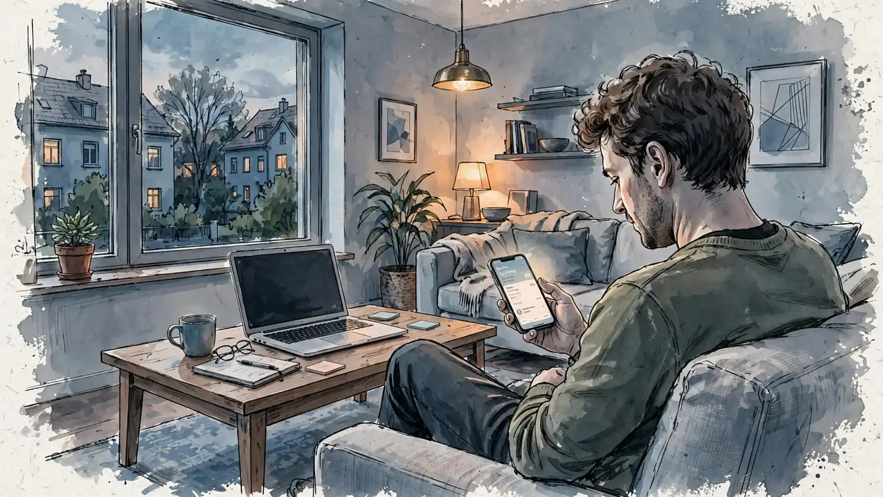 Person auf dem Sofa mit Smartphone, Laptop auf dem Tisch, warmes Wohnzimmerlicht.