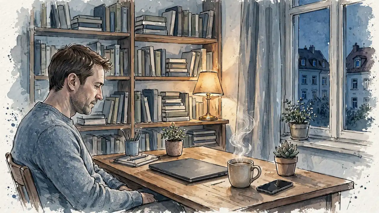 Abendliche Heimarbeit in einer deutschen Wohnung mit geschlossenem Laptop und Smartphone.