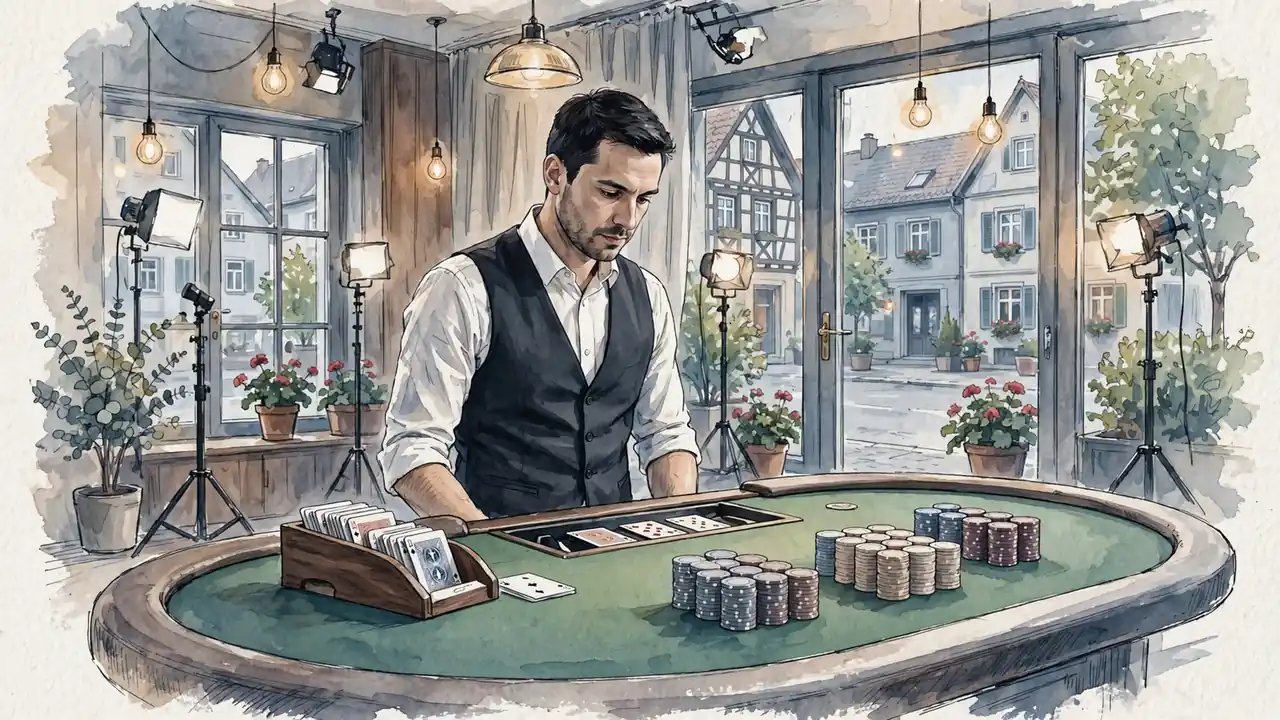 Live-Dealer in einem Baccarat-Studio mit grünem Filztisch und gestapelten Chips