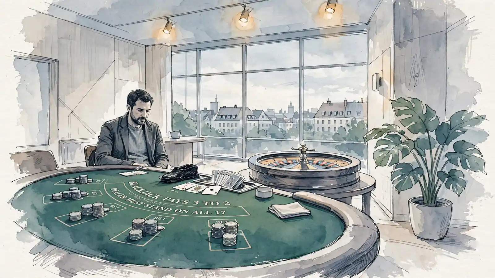 Live-Blackjack-Tisch in modernem deutschen Casino-Studio mit Jetons und Karten