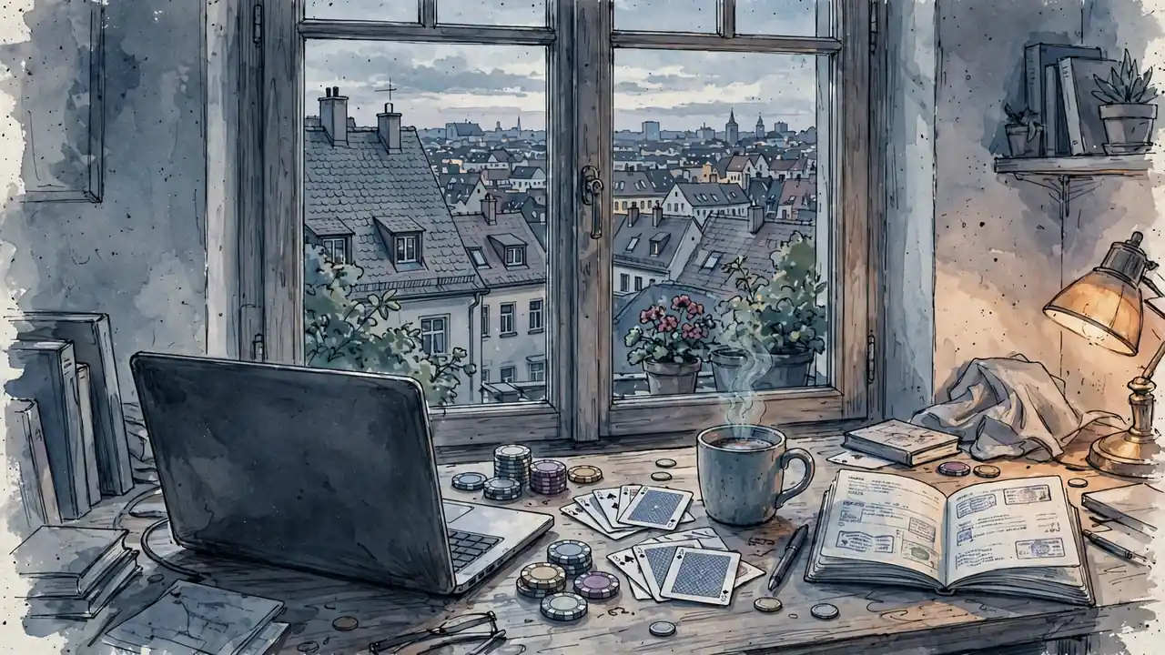 Deutscher Arbeitsplatz mit Laptop, Spielchips, Reisepass und Ausblick auf deutsche Dächer bei Abendlicht.