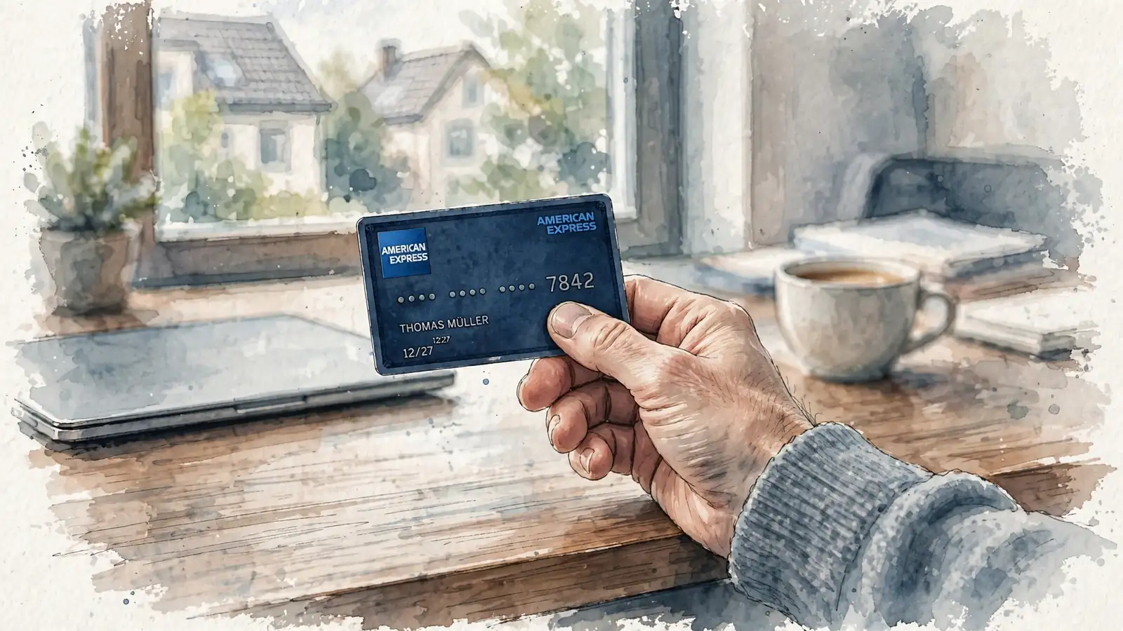 Hand hält eine American-Express-Karte über einem Schreibtisch vor einem geschlossenen Laptop