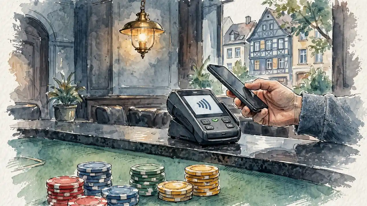 Hand hält Smartphone am kontaktlosen Zahlungsterminal im Casino mit Spielchips auf grünem Filz.