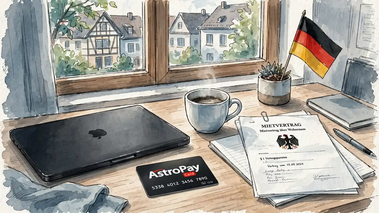 Schreibtisch mit Laptop, AstroPay-Karte und Dokumenten zum deutschen Glücksspielrecht