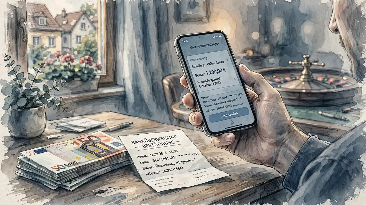 Smartphone, Euro-Scheine und Überweisungsbeleg auf einem Schreibtisch mit Roulette im Hintergrund.