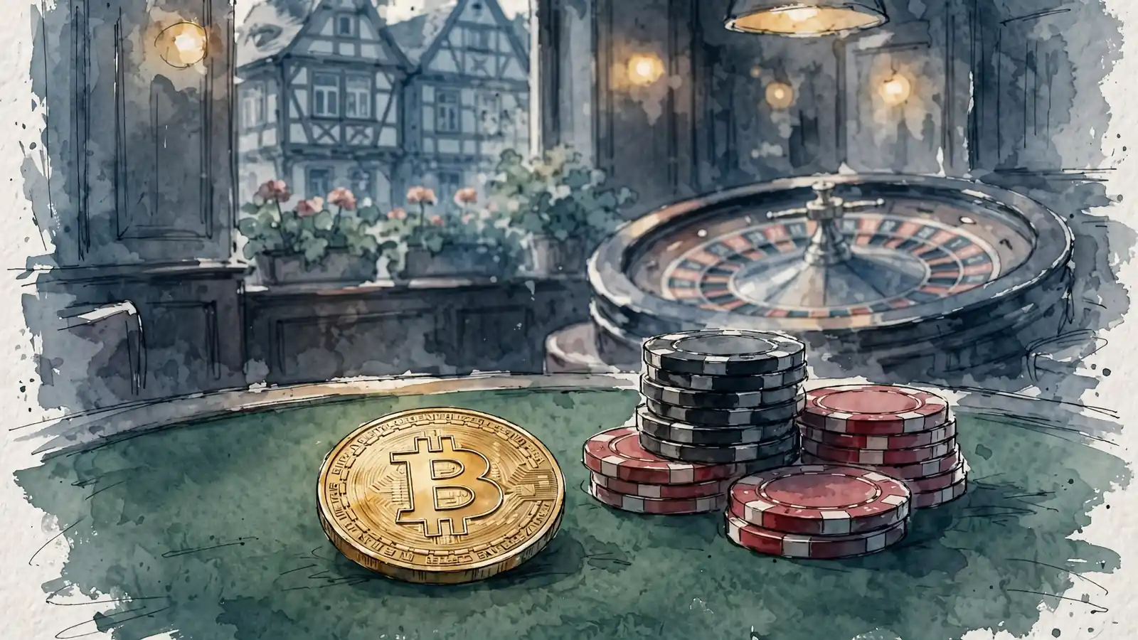 Goldene Bitcoin-Münze auf Casino-Tisch mit Poker-Chips und Roulette-Rad im Hintergrund.