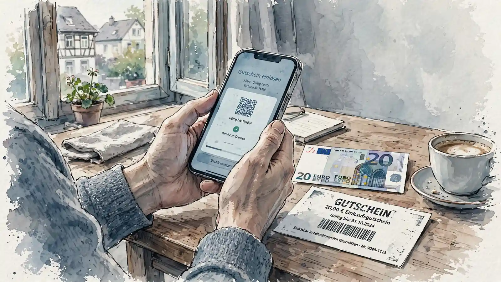 Hände halten Smartphone neben Bargeldgutschein und Geldschein auf Tisch.
