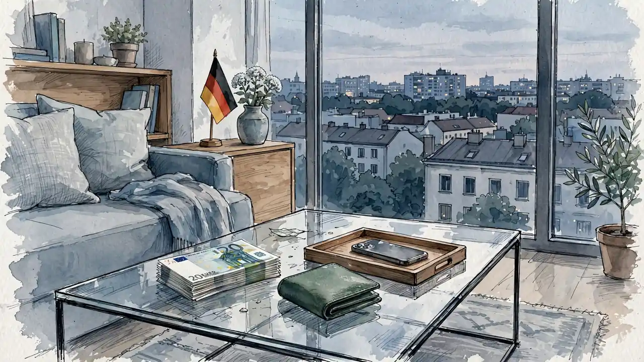 Moderner Berliner Wohnraum mit Euro-Scheinen, Geldbörse und Smartphone auf dem Tisch