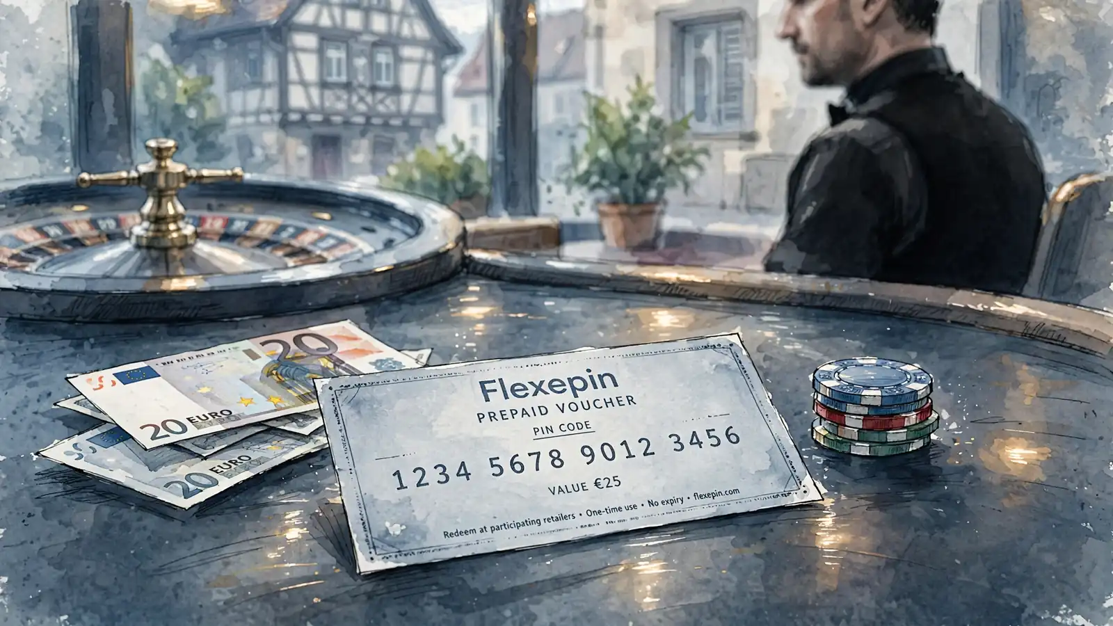 Flexepin-Gutschein auf einem Casino-Tisch mit Chips und Euro-Scheinen.