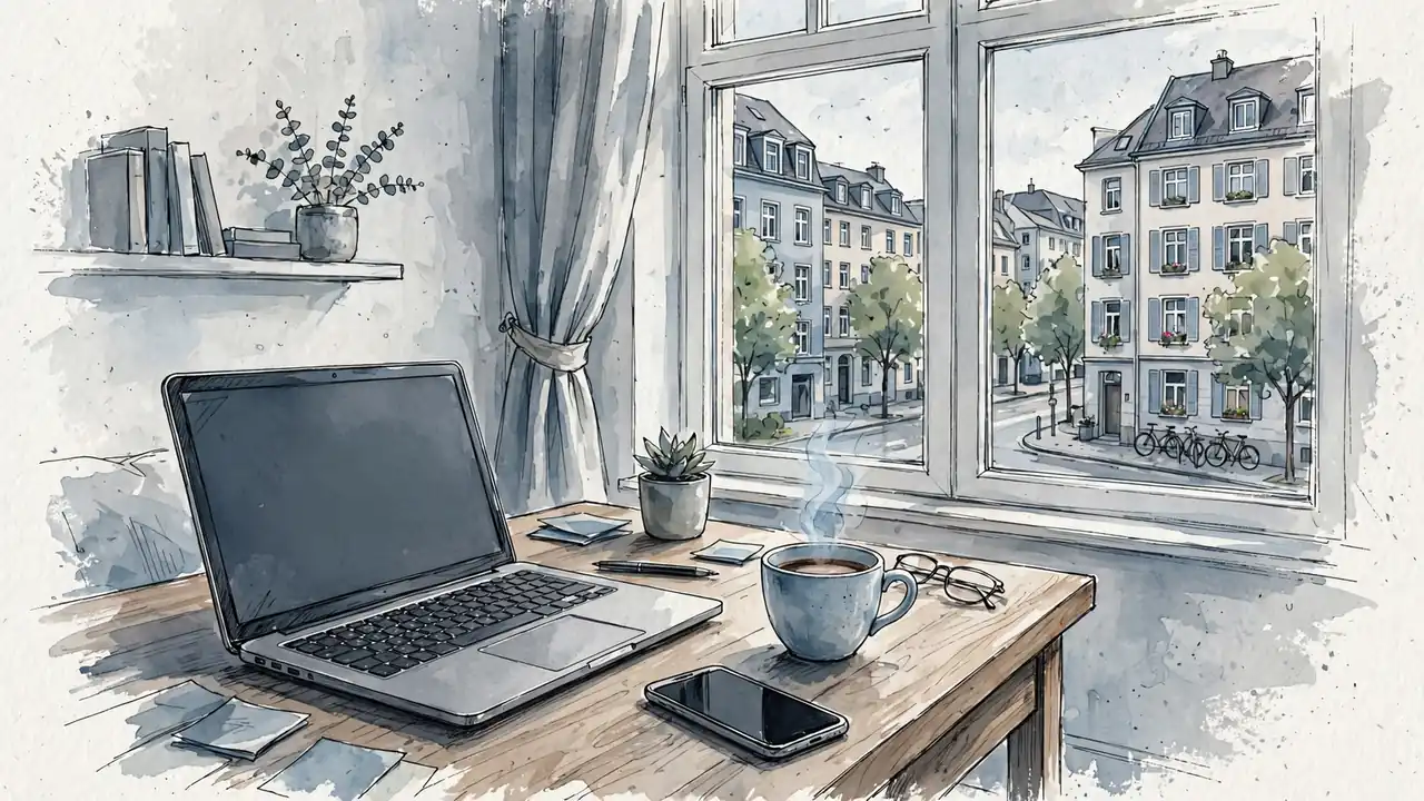 Moderner Heimarbeitsplatz mit Laptop und Smartphone in deutscher Wohnung bei Tageslicht.