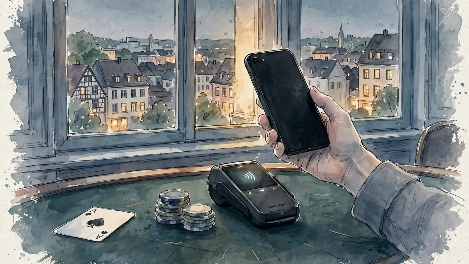 Hand hält Smartphone kontaktlos an Zahlungsterminal auf Spieltisch mit Chips