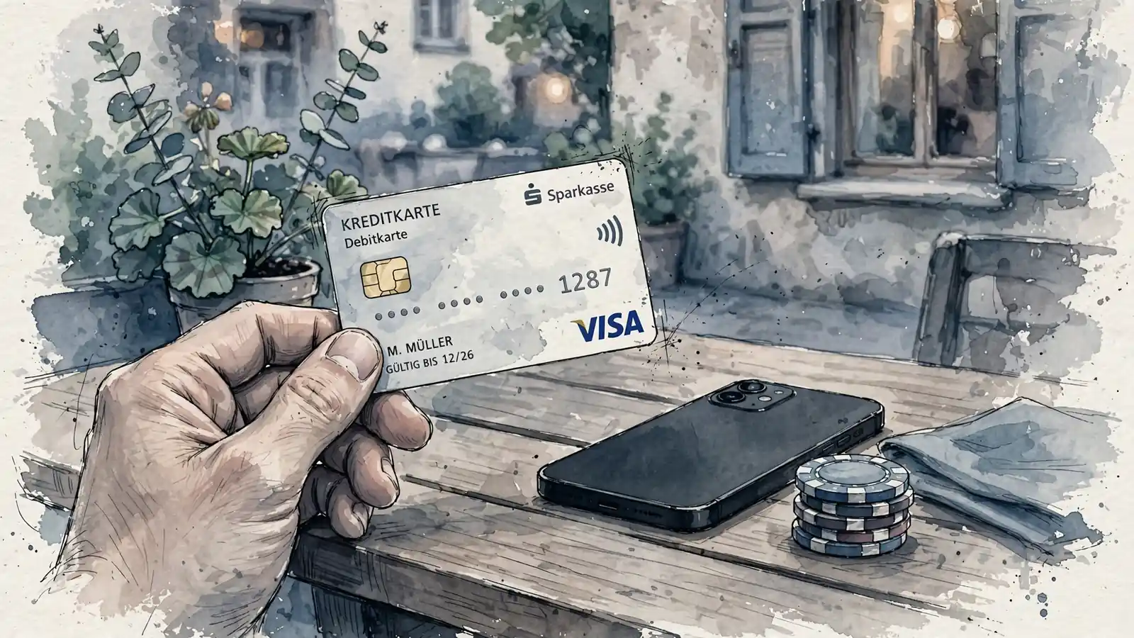 Nahaufnahme einer Hand mit Kreditkarte und Casino-Chips auf einem Tisch