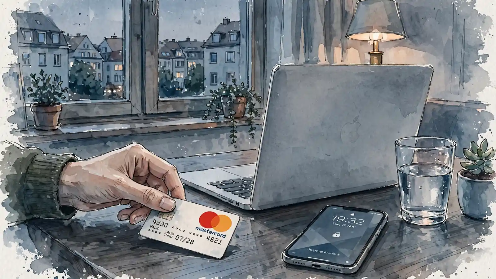 Hand legt eine Mastercard neben Laptop und Smartphone auf Holztisch