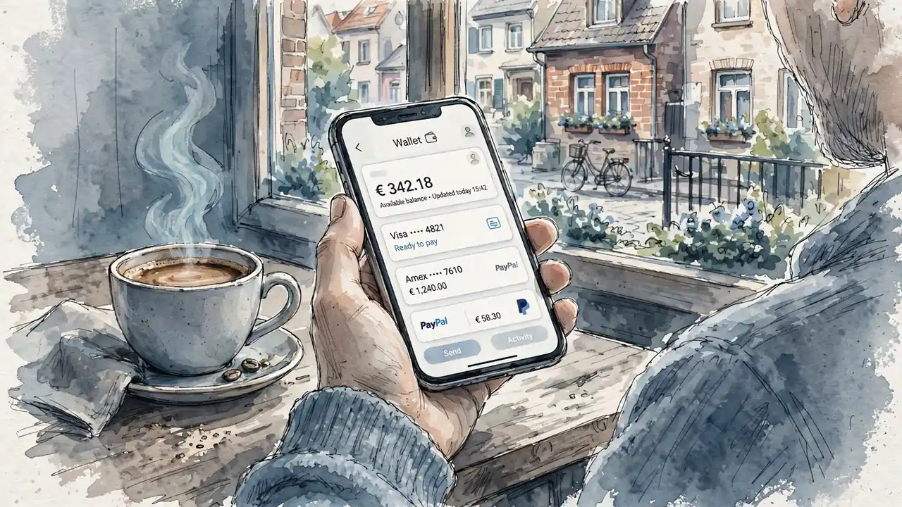 Hand mit Smartphone und digitaler Geldbörse auf einem Tisch in einem deutschen Zuhause