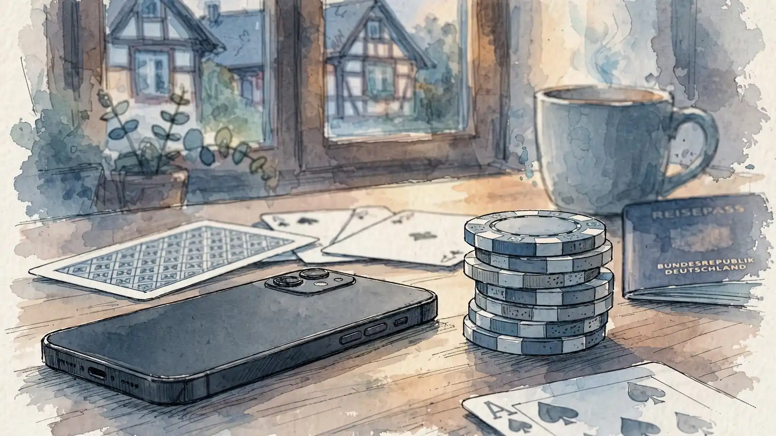 Smartphone, Casino-Chips und Spielkarten auf einem Tisch