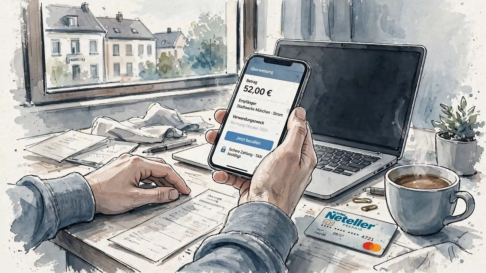 Hände am Schreibtisch mit Smartphone, Laptop und Neteller-Karte beim Online-Bezahlen.