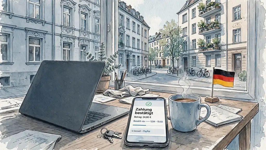 Moderner Heimarbeitsplatz in Berlin mit Laptop und Smartphone am Schreibtisch.
